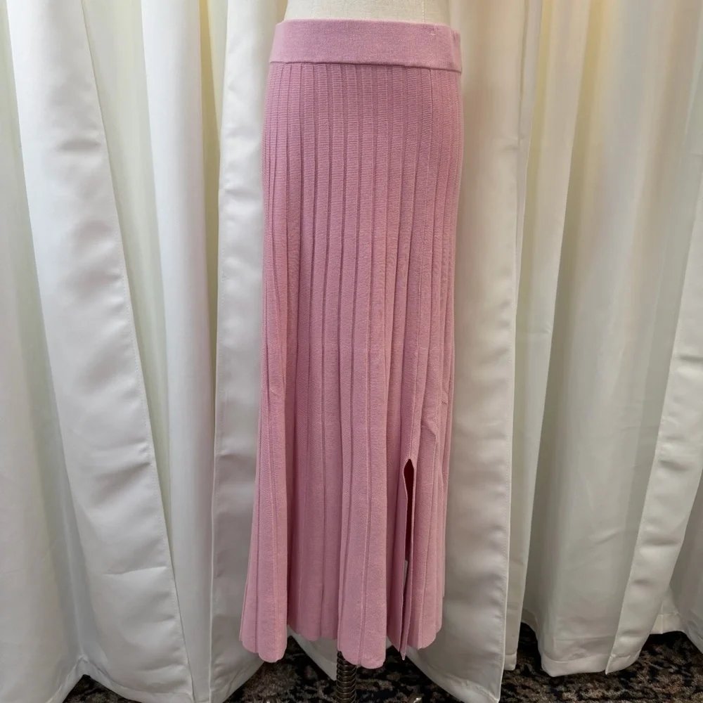 NWT Saks Fifth Avenue Pink Stretch Knit Wide Ribbed Midi Skirt w/ Slit Size S